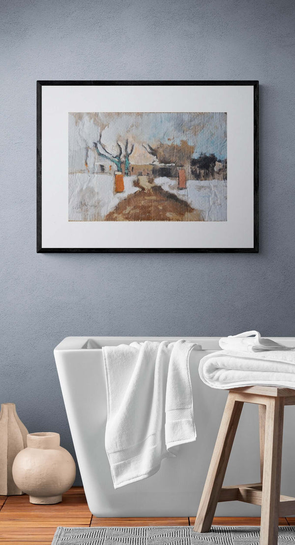 Laggiù in fondo - Paesaggio invernale dall'atmosfera tranquilla e contemplativa, colori acrilici tenui, incorniciato