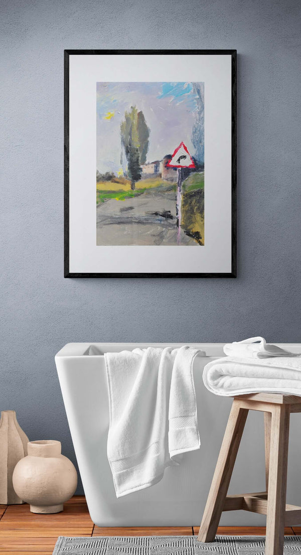 Per contemplare in poesia - Un'opera che illustra un cartello stradale su una strada, con colori brillanti e un'atmosfera suggestiva.