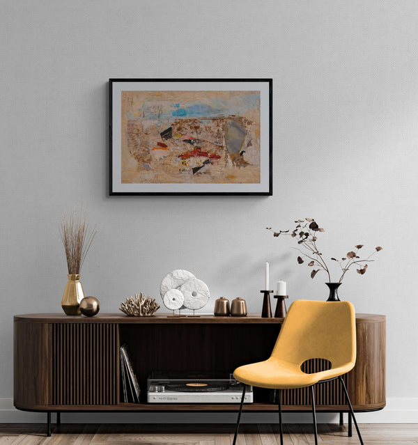 Per rivisitare il passato - Dipinto di una casa con foglie, un collage che combina trama e colore per evocare forti emozioni.