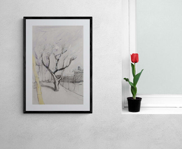 Più che un disegno - Illustrazione di un albero spoglio accanto a una recinzione, per un arredamento moderno .