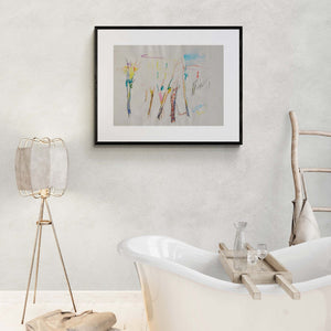 Solo colore - Disegno che mostra alberi e edifici, con una casa sullo sfondo, suggerendo un contesto urbano e naturale.