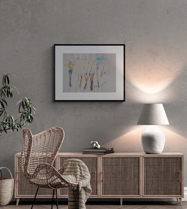 Solo colore - Disegno di alberi e edifici con una casa sullo sfondo, che crea un'atmosfera urbana e naturale.