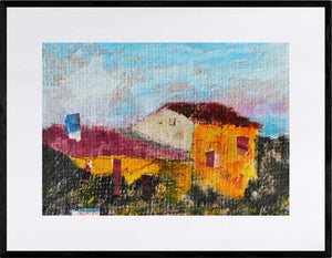 Spigolo di case - Opera d'arte ad acrilico e collage su carta velina incollata su tela di juta di Tonino Gottarelli, 12x16 cm (4,7x6,2 in)