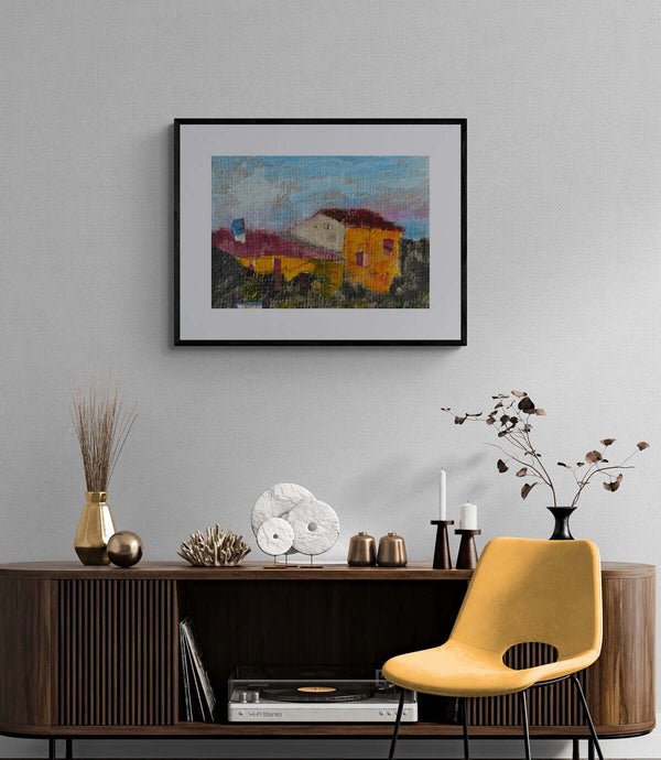 Spigolo di case - Pittura di case con tetto rosso in un paesaggio rurale sereno e pittoresco.