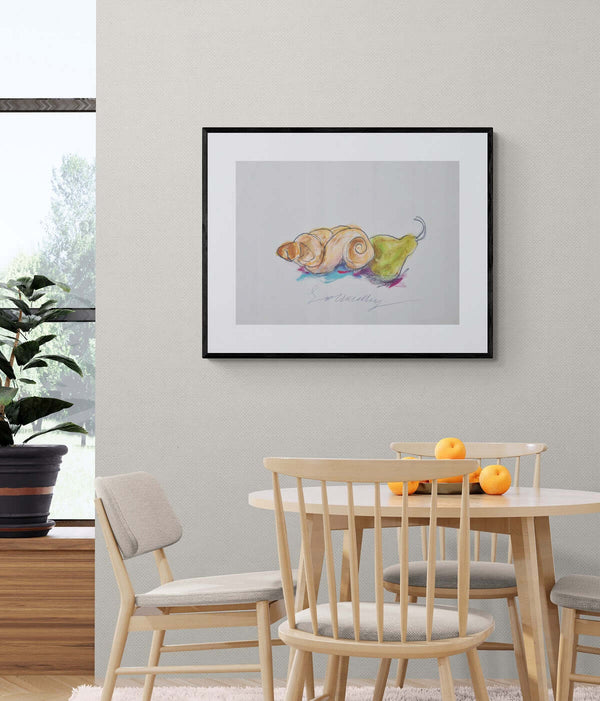 Stare insieme - Illustrazione di una pera e un pane, con un focus sui dettagli e i colori.