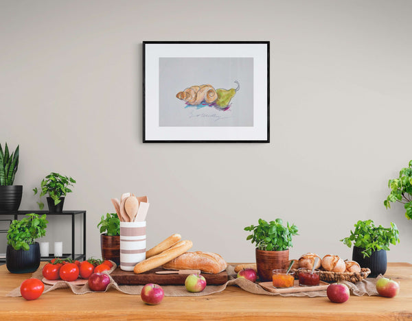 Stare insieme - Illustrazione di una pera e un pane, con dettagli realistici e colori vivaci.