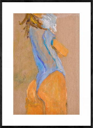 Vestita d'azzurro - Opera d'arte originale acrilico e collage su carta gialla di Tonino Gottarelli, 55x38 cm (21,6x14,9 in)