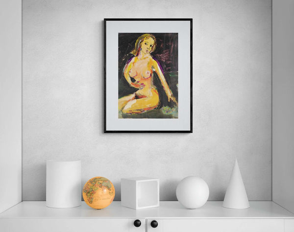 Vestita di poesia - Dipinto di una donna nuda seduta a terra, con un'espressione contemplativa e un'illuminazione morbida.