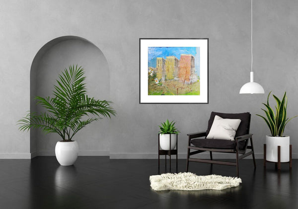 Vicino al cielo - Opera d'arte che rappresenta un panorama cittadino con grattacieli sullo sfondo.