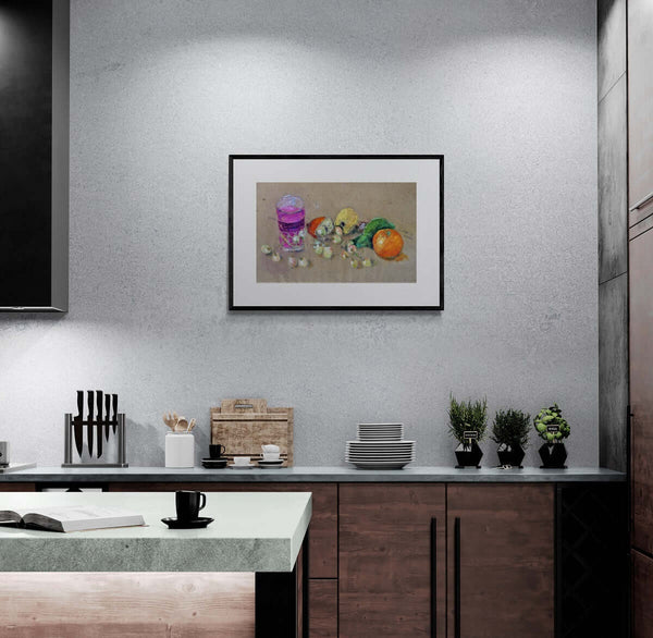 Vino rosso rubino - Un'opera d'arte che mostra frutta colorata e un bicchiere di vino rosso, creando un'atmosfera vivace.